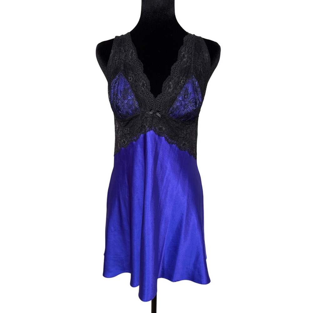 Victoria's Secret Purple Blue Satin Lace Open Back Slip Dress Chemise Large